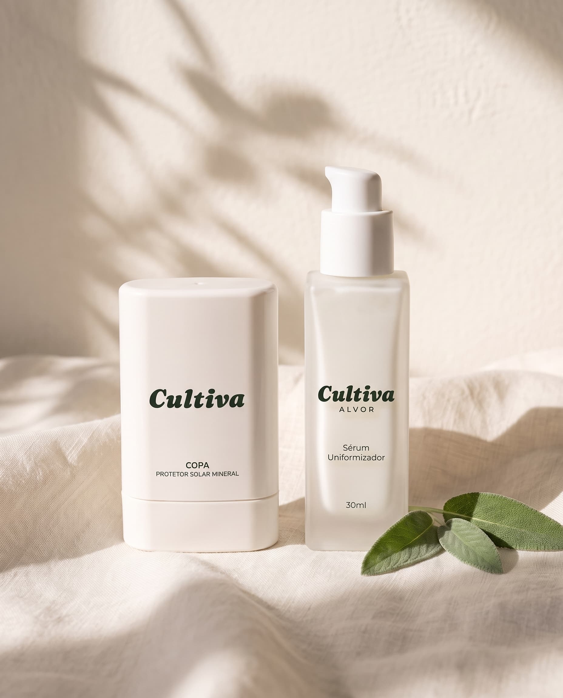 Rotina completa Cultiva: protetor mineral ao lado do sérum uniformizador